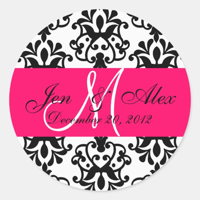 Hochzeitmonogramm Rett Datum Damask Fuchsia Siegel Runder Aufkleber (Vorderseite)