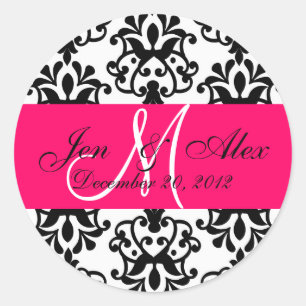 Hochzeitmonogramm Rett Datum Damask Fuchsia Siegel Runder Aufkleber