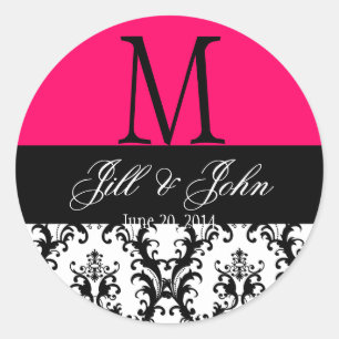 Hochzeitmonogramm Rett Datum Damask Hot Pink Siege Runder Aufkleber