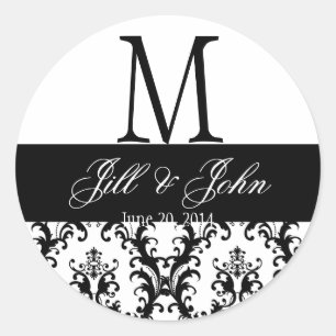 Hochzeitmonogramm Rett Datum Damaske Schwarz/Weiß Runder Aufkleber