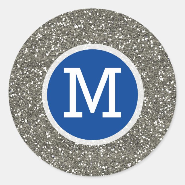 Hochzeitmonographie für Navy Blue und Silver Glitz Runder Aufkleber (Vorderseite)