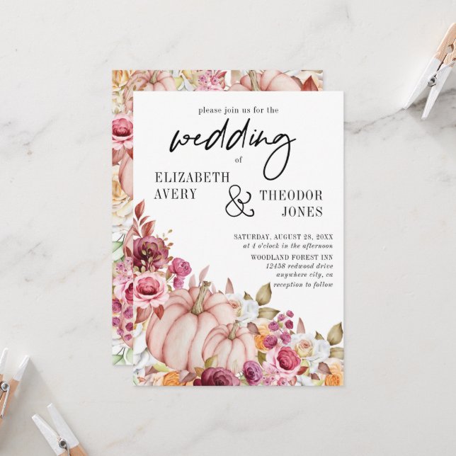 Hochzeitrosa Burgund Autumn Pumpkin Floral Invit Einladung (Vorderseite/Rückseite Beispiel)