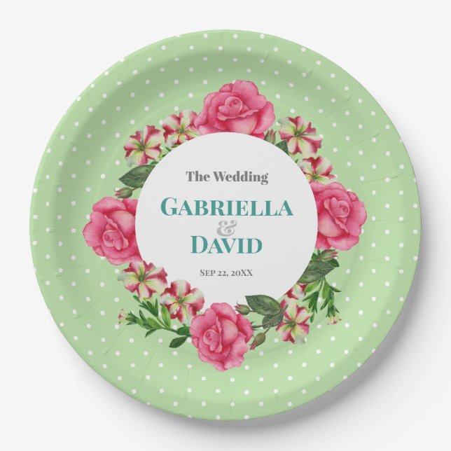 Hochzeitrosa Rose Rot Weißer Petunia Polka Dots Pappteller (Vorderseite)