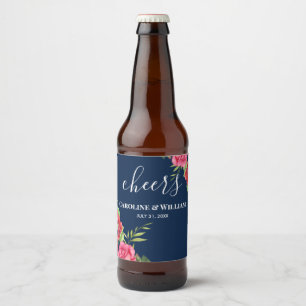 Hochzeitrot und rosa Blume Dunkelblau Bierflaschenetikett