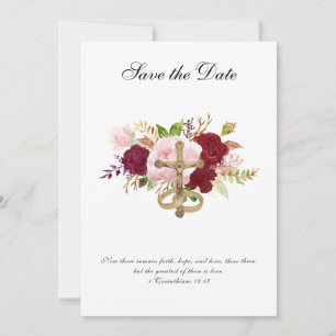 Hochzeitrote und rosa Rosen religiöses Kruzifix Save The Date