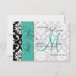 Hochzeits-Antwortkarte Damast Türkis Namen Initial RSVP Karte
