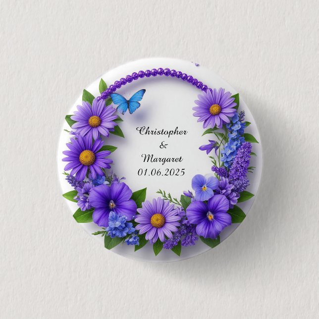 Hochzeits-Blumenrahmen mit farbenfrohen Blumen Button (Vorderseite)