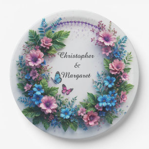 Hochzeits-Blumenrahmen mit farbenfrohen Blumen Pappteller