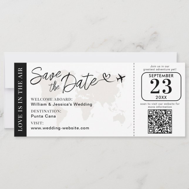 Hochzeits-Boarding-Pass-Save-The-Date mit QR-Code Karte (Vorderseite)