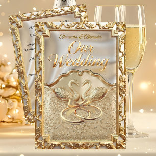 Hochzeits-Cream-Gold-Schwäne-Ringe Gold Diamanten Einladung