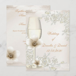 Hochzeits-Creme-Sepia-Champagner-Glas-Blumen Einladung