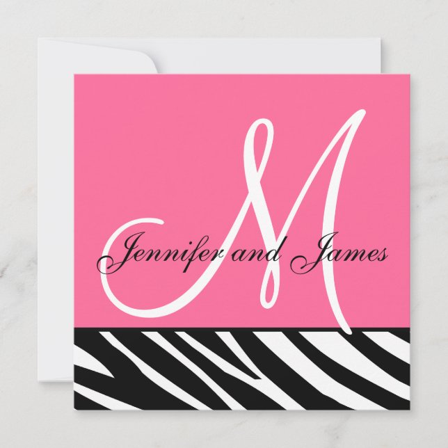 Hochzeits-Einladungenzebra-Monogramm nennt Rosa Einladung (Vorderseite)
