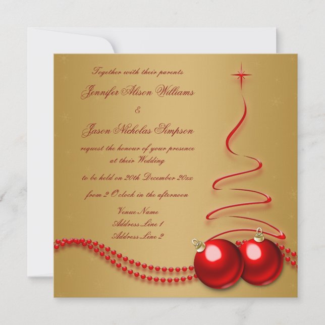 Hochzeits-Einladungs-Gold mit rotem Weihnachtsbaum Einladung (Vorderseite)
