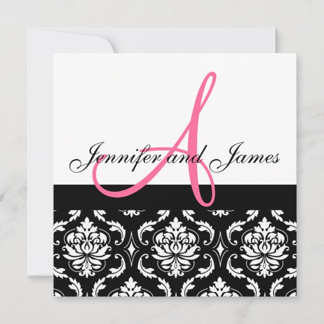 Hochzeits-Einladungs-Monogramm nennt Pink-Damast Einladung (Vorderseite)