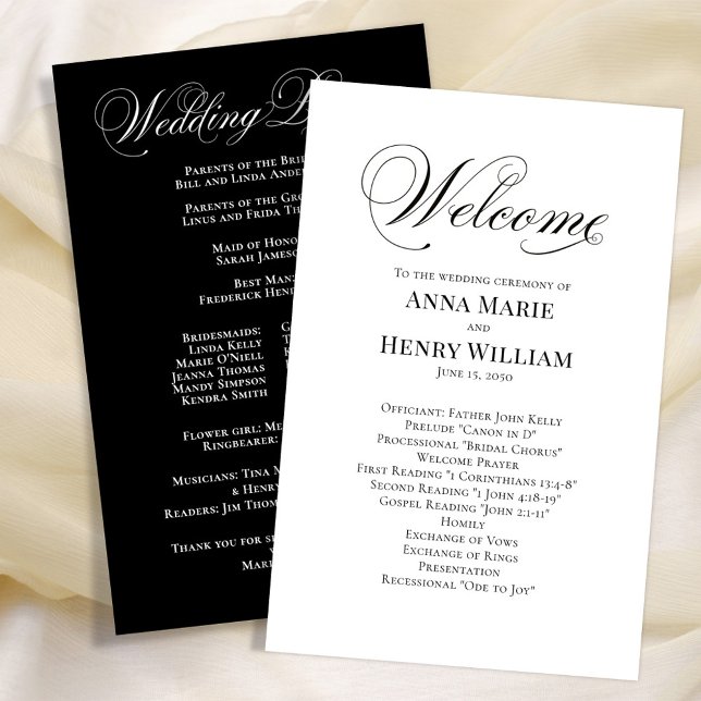 Hochzeits-Empfangsprogramm in Schwarz-Weiß-Schrift (Black and white wedding ceremony simple calligraphy script program.)