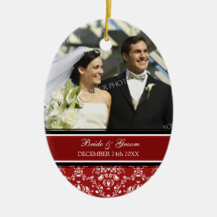 Hochzeits-Foto-Weihnachtsverzierungs-Rot-Damast Keramikornament
