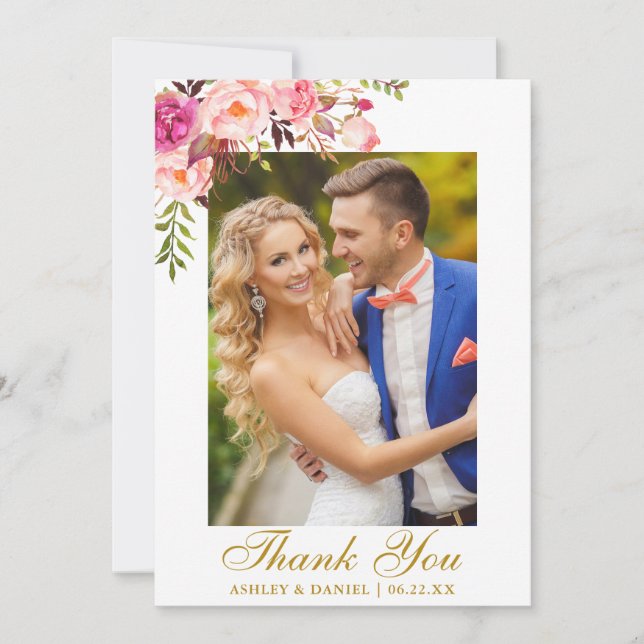 Hochzeits-Fotowatercolor-Rosa-Blumengold Dankeskarte (Vorderseite)