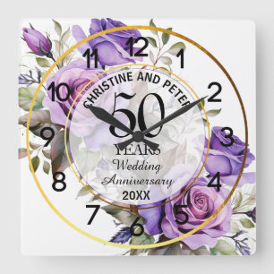Hochzeits Goldrahmen Violette Rosen Jubiläum Quadratische Wanduhr