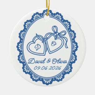 Hochzeits-Herz-Initialen Namen & Datum Keramik Ornament
