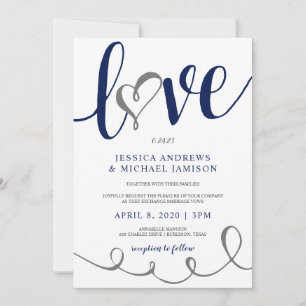 Hochzeits-Liebe-Script Navy Blau & Grau Herz Einladung