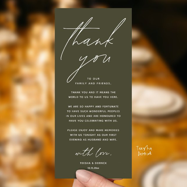 Hochzeits-Minimalistische-Hochzeits-Dinner-Dankesk Programm (Wedding Minimalist Wedding Dinner Brunch Lunch Reception Thank You Card in Forest Olive Green)