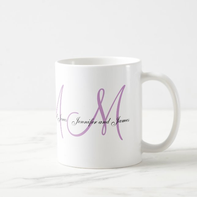 Hochzeits-Monogramm B u. Namen-lila weiße Kaffeetasse (Rechts)