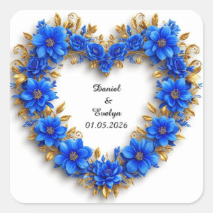 Hochzeits-Ornat Blumen Herzrahmen Blaue Blumen Quadratischer Aufkleber