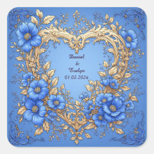Hochzeits-Ornat Blumen Herzrahmen Blaue Blumen Quadratischer Aufkleber