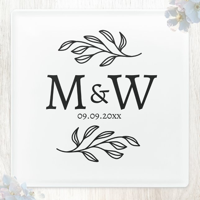 Hochzeits-Paar-Monogramm-Initialen-Datum-Botanik Glasuntersetzer (Wedding couple monogram initials coaster)