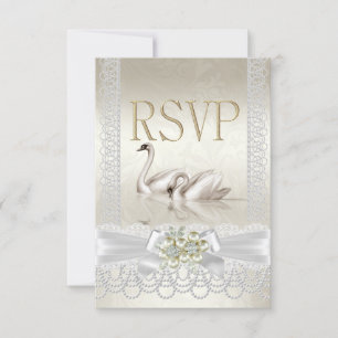 Hochzeits-Schwäne Weiß Perle Spitze Damast RSVP Karte