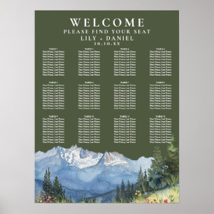 Hochzeits-Sitzplan im Oliven Grün mit Bergflora Poster