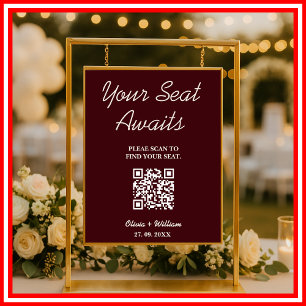 Hochzeits-Sitzplan QR Burgund & Elfenbein Rustikal Poster