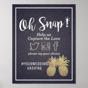 Hochzeits-Snap-Hashtag Chic Goldene Ananas Navy Bl Poster