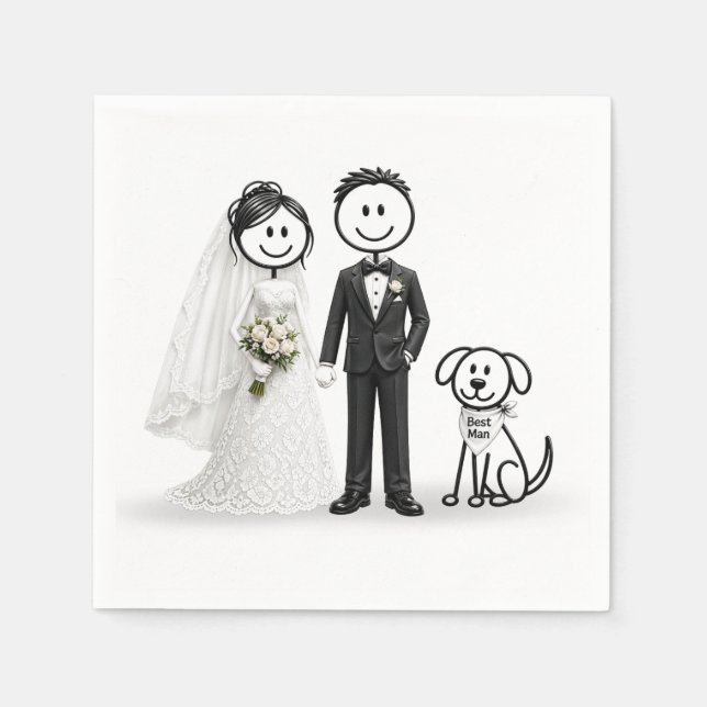 Hochzeits-Strichmännchen mit Trauzeugen-Hund Serviette (Vorderseite)