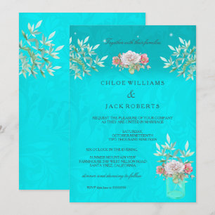 Hochzeits-Teal-Blumen-Mason-Glas Pink Weiße Rose Einladung
