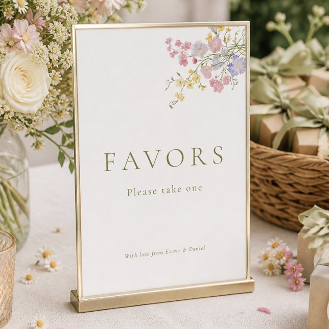 Hochzeits-Tischschild mit wilden Blumen als Gesche (Wildflowers Favors Wedding Tabletop Sign)
