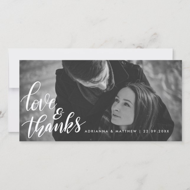 Hochzeits-Typografie-Liebe und Paar-Foto des Dankeskarte (Vorderseite)