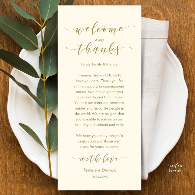 Hochzeits-Willkommens- und Dankes-Dinner Creme-Gol Programm (Wedding Welcome and Thanks Modern Dinner Card in cream and Gold)