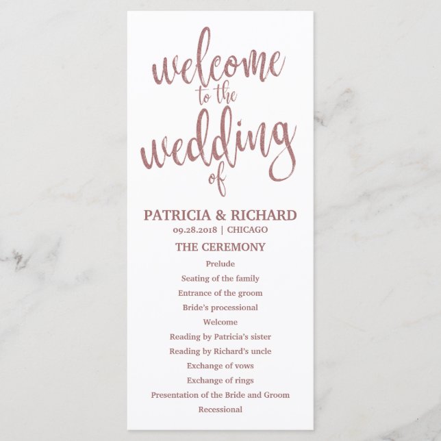 Hochzeitsablaufprogramm Rose Gold Schrift Programm (Vorderseite)