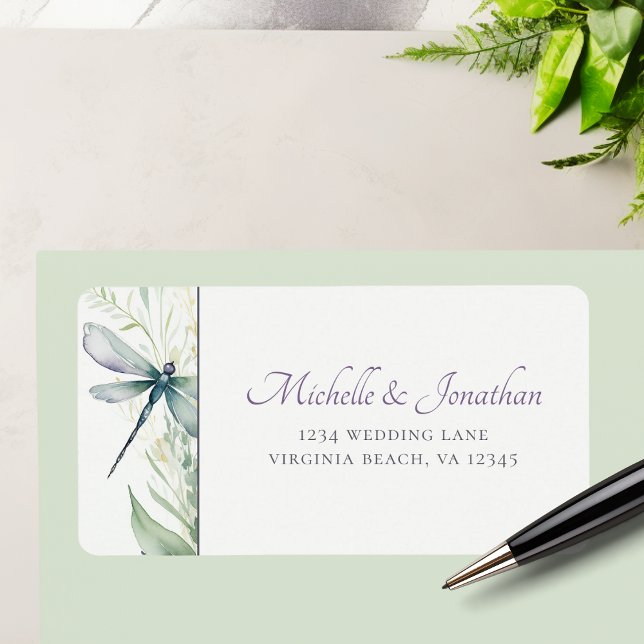 Hochzeitsadresse für Wasserfarben und Grüne Adressaufkleber (Watercolor Dragonfly and Greenery Wedding Address Label)