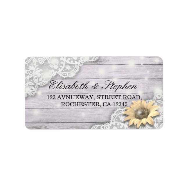 Hochzeitsadresse Lace Sunflower Holzofenleuchten Adressaufkleber (Vorne)