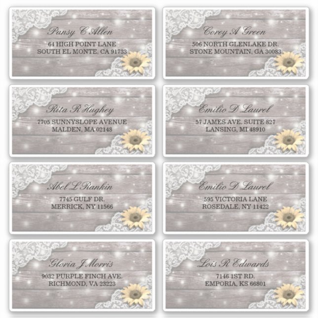 Hochzeitsadresse Lace Sunflower Holzofenleuchten Aufkleber (Vorderseite)