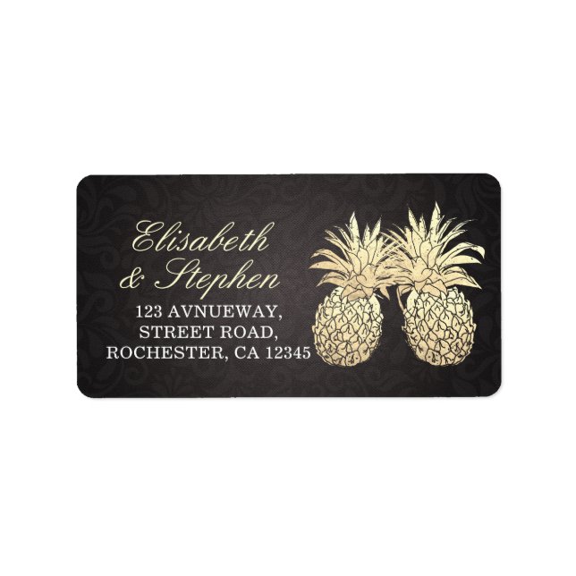 Hochzeitsadresse Modernes Black Gold Ananas Couple Adressaufkleber (Vorne)