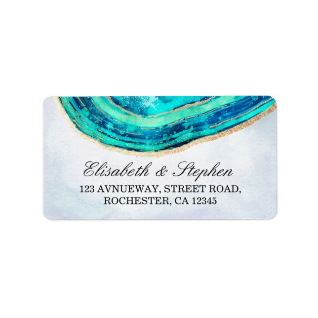 Hochzeitsadresse Watercolor Aquamarin & Gold Agate Adressaufkleber (Vorne)
