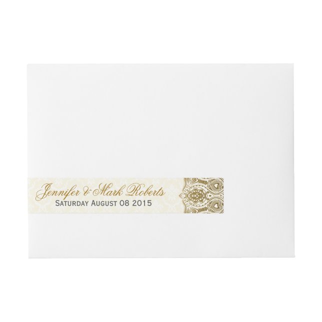 Hochzeitsadressschild Gold Lace 2 Beige Damaskus Rundum-Adressaufkleber (Vorderseite)