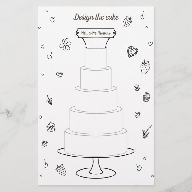 Hochzeitsaktivitäten Färben Seiten Design Cake (Vorne)