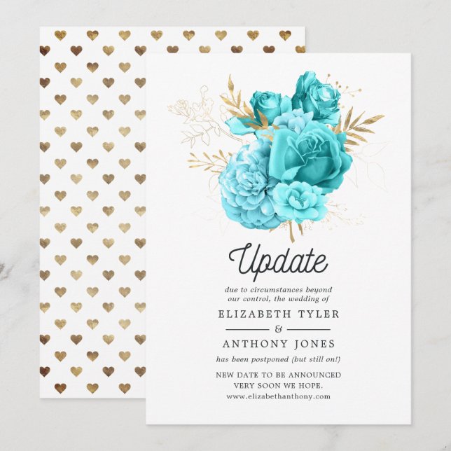 Hochzeitsaktualisierung für Aqua Blue und Gold Flo Einladung (Vorne/Hinten)
