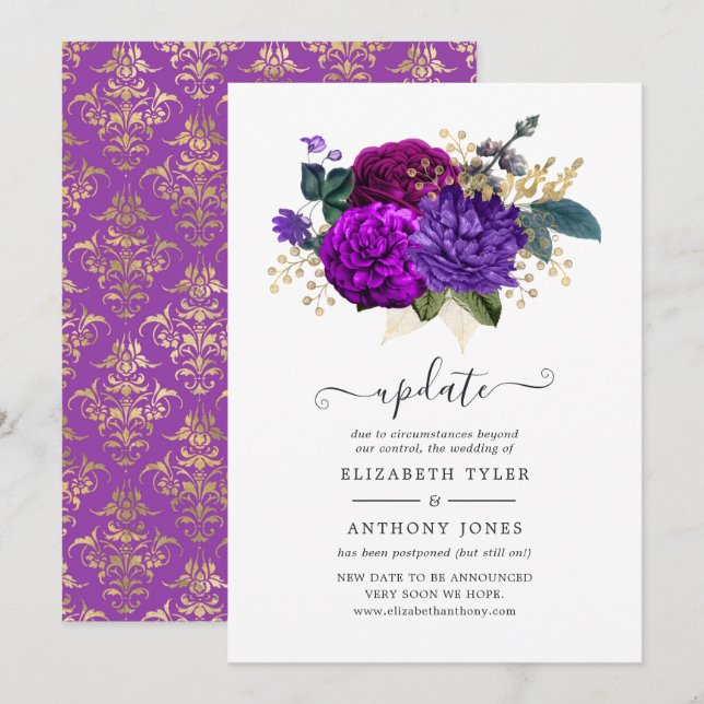 Hochzeitsaktualisierung für Royal Lila and Gold Fl Einladung (Vorne/Hinten)