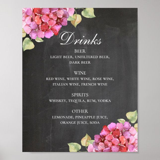 Hochzeitsalkoholgetränke im Chalkboard Bar. Rosa B Poster (Vorne)