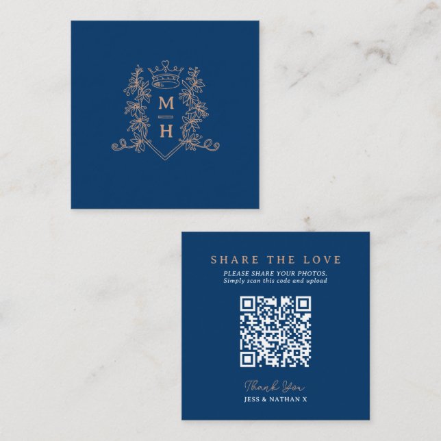Hochzeitsangabe QR Liebe Herzkronenblauer Monogram Begleitkarte (Vorne/Hinten)